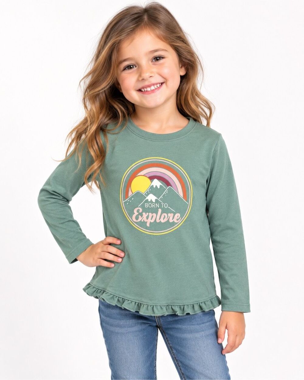 Garanimals Girls Green Born to Explore Graphic Long Sleeve Ruffle Top 5T